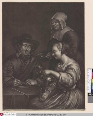 [Szene im Gasthaus; Inn with three figures]