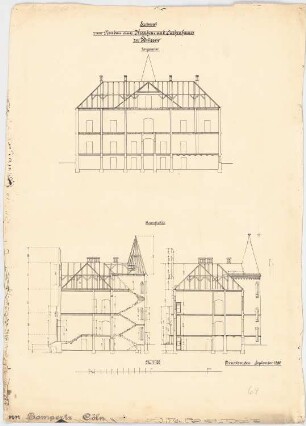 Kranken- und Siechenhaus, Brüssow Vorentwurf: Längsschnitt, Querschnitt 1:100