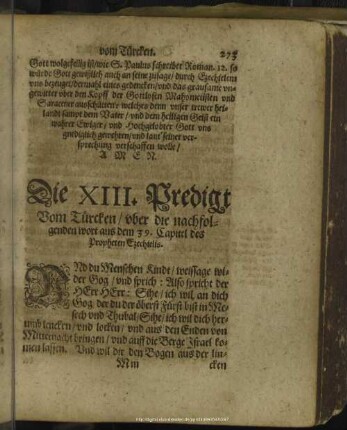 Die XIII. Predigt vom Türcken, uber die nachfolgenden wort aus dem 39. Capitel des Propheten Ezechielis