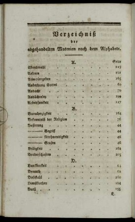 Verzeichniß der abgehandelten Materien nach den Alphabete