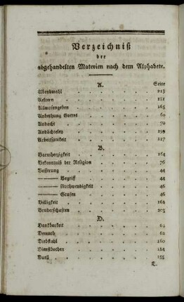 Verzeichniß der abgehandelten Materien nach den Alphabete