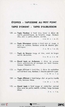 Étoffes - Tapisserie au petit point - Tapis d'orient - Tapis d'aubusson (Nr. 129-154)