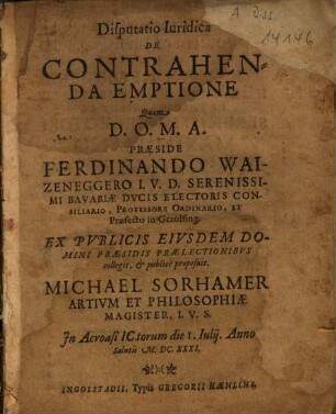 Disputatio iuridica de contrahenda emptione