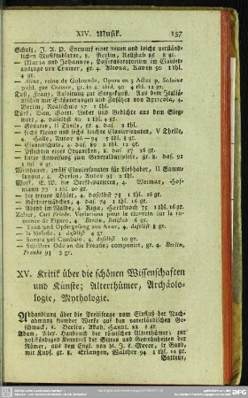 XV. Kritik über die schönen Wissenschaften und Künste; Alterthümer, Archäologie, Mythologie