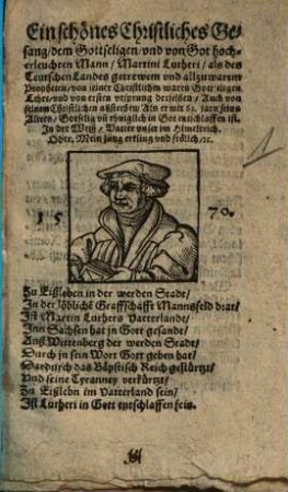 Ein schönes Christliches Gesang, dem Gottseligen, vnd von Got hocherleuchten Mann, Martini Lutheri, als des Teutschen Landes getrewem vnd allzuwarem Propheten, von seiner Christlichen waren Gottseligen Lehre, vnd von ersten vrsprung derselben ...