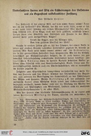 12: Niedersachsens Humor und Witz als Erscheinung des Volkstums und als Gegenstand volkskundlicher Forschung