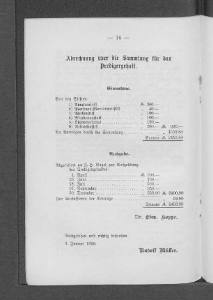 Abrechnung über die Sammlung für das Predigergehalt.
