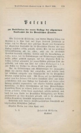 Patent zur Publikation der neuen Auflage des allgemeinen Landrechts für die Preußischen Staaten