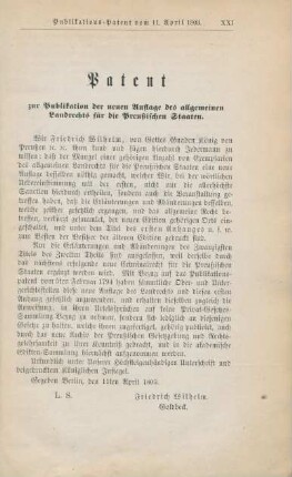Patent zur Publikation der neuen Auflage des allgemeinen Landrechts für die Preußischen Staaten