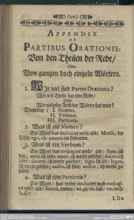 Appendix De Partibus Orationis: Von den Theilen der Rede, Oder Von gantzen doch eintzeln Wörtern
