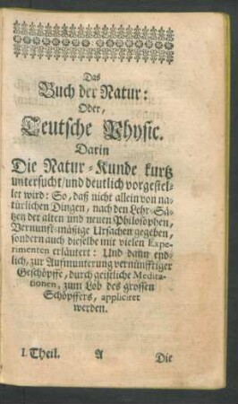 Das Buch der Natur: Oder, Teutsche Physic