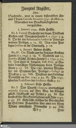 Zweytes Register, Oder: Nachricht, was in denen historischen Alt- und Neuen Curiosis Saxonicis 1741. in allen 12. Monathen vor Denckwürdigkeiten vorgefallen