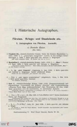I. Historische Autographen (Nr. 1-615)