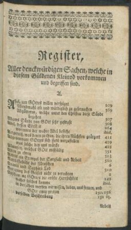 Register, Aller denckwürdigen Sachen, welche in diesem Güldenen Kleinod vorkommen und begriffen sind