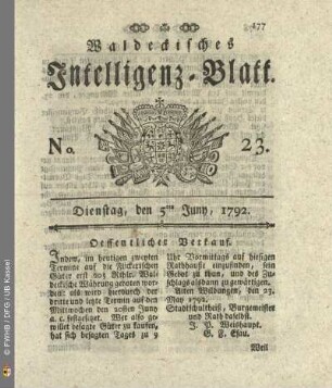 No. 23. Dienstag, den 5ten Juny, 1792