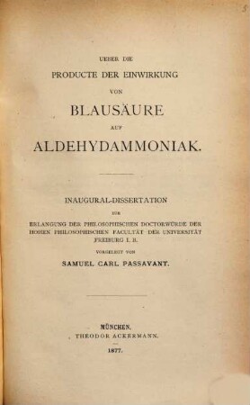Ueber die Producte der Einwirkung von Blausäure auf Aldehydammoniak : Inaug. Diss.