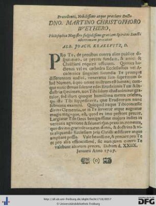 Praecellenti, Nobilissimo atque praeclare Docto Dno. Martino Christophoro Weyhero ...