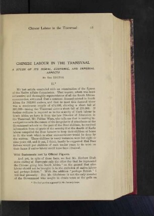 Chinese Labour in the Transvaal. A Study of its Moral, Economic, and Imperial Aspects.