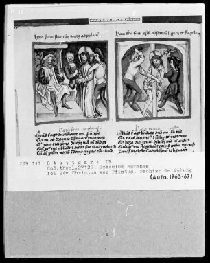 Zwei Schriften — Speculum humanae salvationis — Textseite mit zwei Miniaturen, Folio 94verso