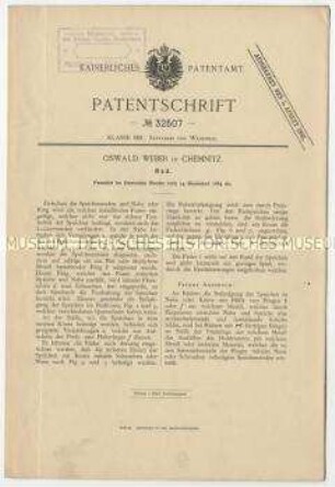 Patentschrift eines Rades an Transportwagen, Patent-Nr. 32507