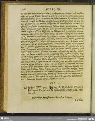 XII. Ad Epistol. XVII. pag. 1[39] seq. A. C. Zaluski Princeps Episcopus Varmiensis & Sambiensis Magistratui Gedanensi