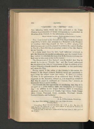 2. " Victoria " or " Empire Day " - Letter to the Prime Minister.