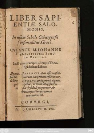Liber Sapientiae Salomonis : In usum Scholae Coburgensis s[...]orsim editus, Graece
