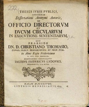 Theses iuris publici, oppositae dissertationi anonymi autoris de officio directorum et ducum circularium in executione sententiarum