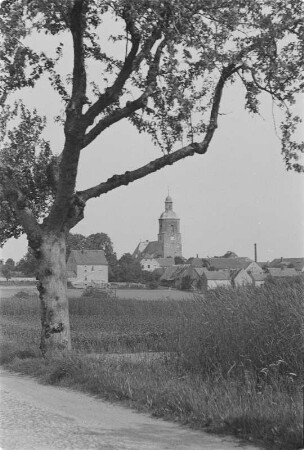 Blick auf das Dorf Gröditz. : Pohlad na cyrkej a wjes Hrodźišćo.