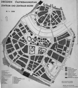 Stadtbebauungsplan Zentrum und Zentraler Bezirk M 1: 5000 : Dresden, Bebauungsplan, Stadtzentrum, datiert 10. Juni 1953
