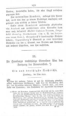 III. An Hamburgs wohlthätige Einwohner über den Fortgang der Armenanstalt.