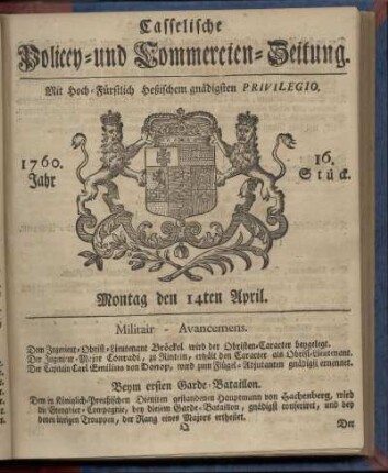 16. Stueck, Montag den 14ten April 1760