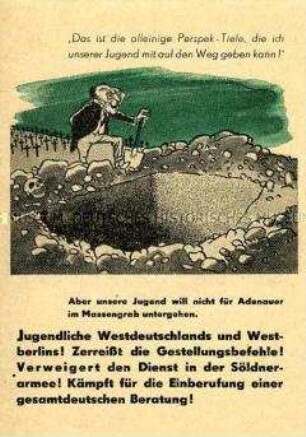 Klebezettel mit Karikatur und Aufruf gegen die Bundeswehr