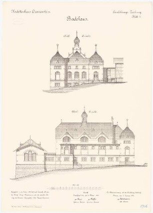 Kadettenhaus, Oranienstein: Badehaus: Aufriss Südansicht, Westansicht 1:100