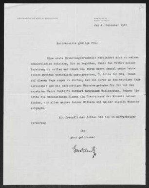 Brief von Wilhelm Ercklentz an Margarete Hauptmann