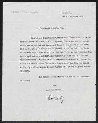 Brief von Wilhelm Ercklentz an Margarete Hauptmann