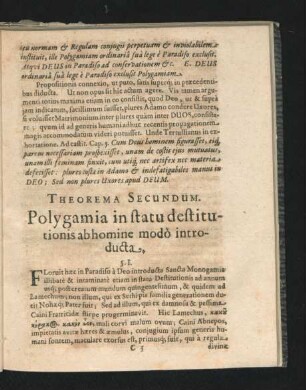 Theorema Secundum. Polygamia in statu destitutionis ab homine modo introducta.