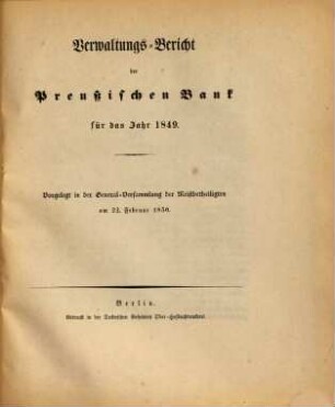 Verwaltungsbericht der Preussischen Bank. 1849