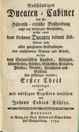 Joh. Tob. Köhlers Vollständiges Ducaten-Cabinet, 1
