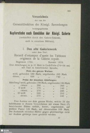 Verzeichnis der von der Generaldirektion der Königl. Sammlungen herausgegebenen Kupferstiche nach Gemälden der Königl. Galerie (verkäuflich durch den Galerie-Sekretär, auch in einzelnen Blättern)