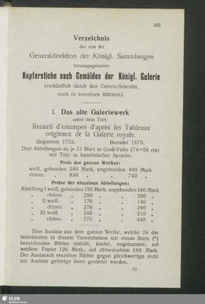 Verzeichnis der von der Generaldirektion der Königl. Sammlungen herausgegebenen Kupferstiche nach Gemälden der Königl. Galerie (verkäuflich durch den Galerie-Sekretär, auch in einzelnen Blättern)