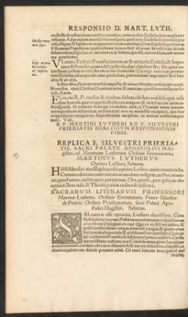Replica F. Silvestri Prieriatis ... ad Martinum Lutherum Ordinis Eremitarum.