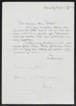 Brief von A. Harnapp an Gerhart Hauptmann