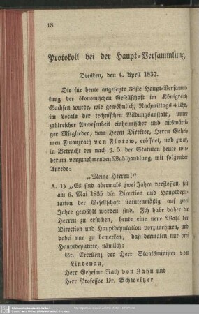 Protokoll bei der Haupt-Versammlung. Dresden, den 4. April 1837