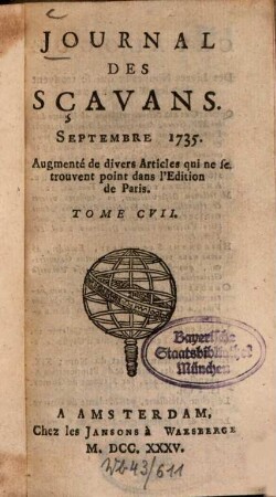 Journal des sçavans. 1735, [3]. Sept. - Déc. = T. 107