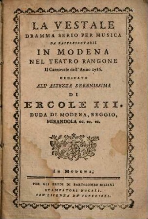 La vestale : Dramma serio per musica