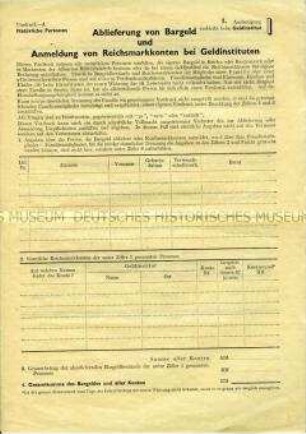 Vordruck für die Ablieferung von Bargeld und die Anmeldung von Konten im Zuge der Währungsreform 1948