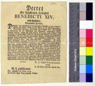 Bekanntmachung des päpstlichen Dekrets von Papst Benedikt XIV. betreffs Errichtung einer Bruderschaft zur Verehrung des Hl. Johannes von Nepomuk, die sich u.a. den Totengebeten widmet