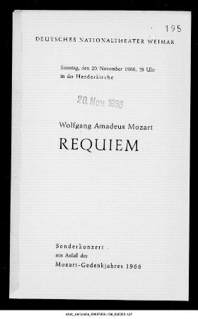 Sonderkonzert [...] des Mozart-Gedenkjahres 1966 [...] Requiem