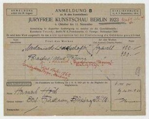 Juryfreie Kunstschau. Berlin, 6.10.-11.11.1923. Anmeldung zweier Werke Hannah Höchs zur Juryfreien Kunstschau Berlin 1923.
